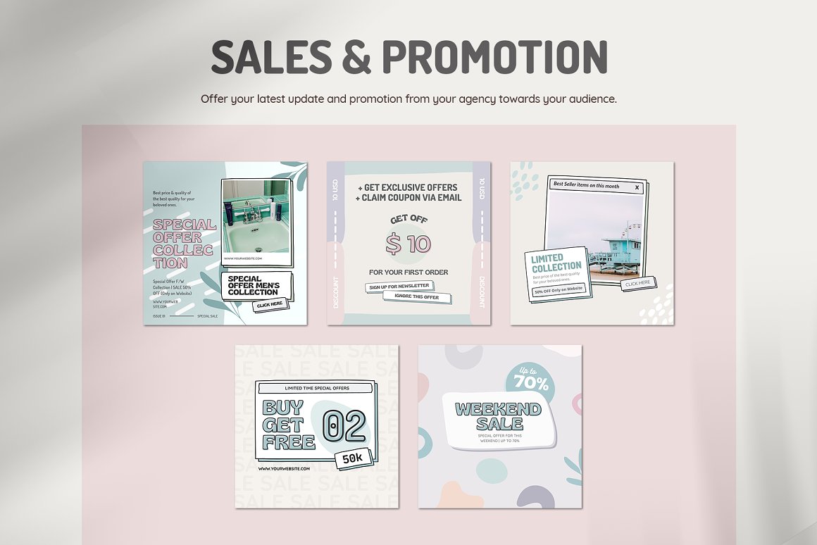 5 sales and promotion Instagram square infographics on a pink background.