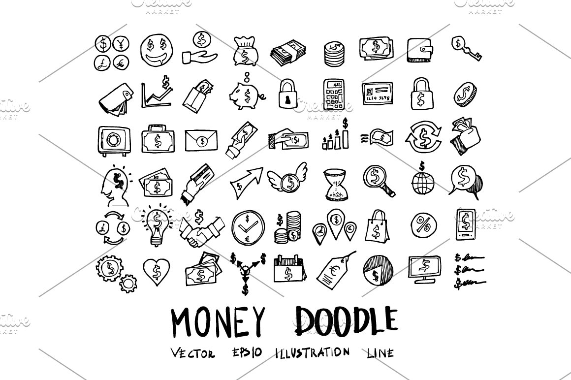 Money black doodle icons clipart on a white background.