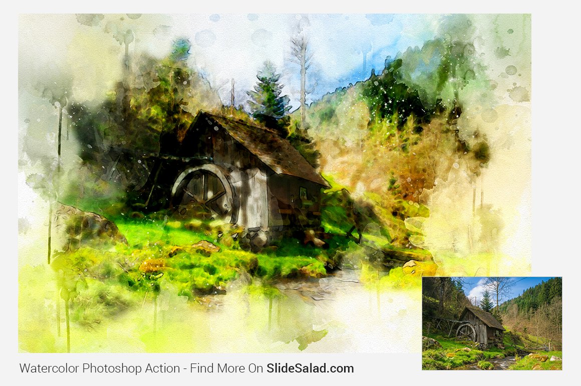 Watercolor Photoshop Action - house in the forest painted image.