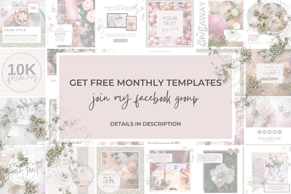 Dirty gray lettering "Get free monthly templates" on a pink background and different templates.