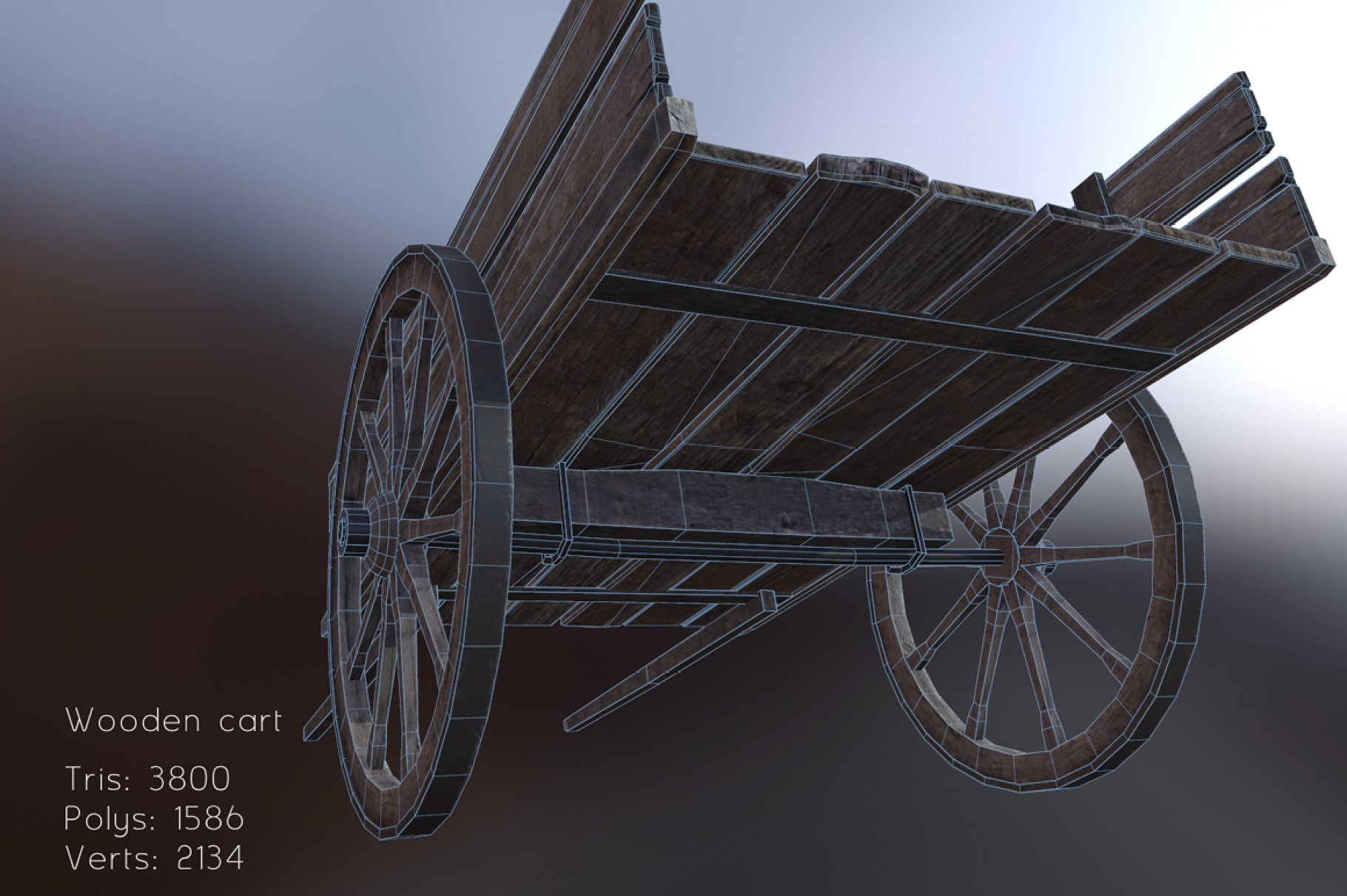 Graphic mockup of wooden cart on a blue and gray background.