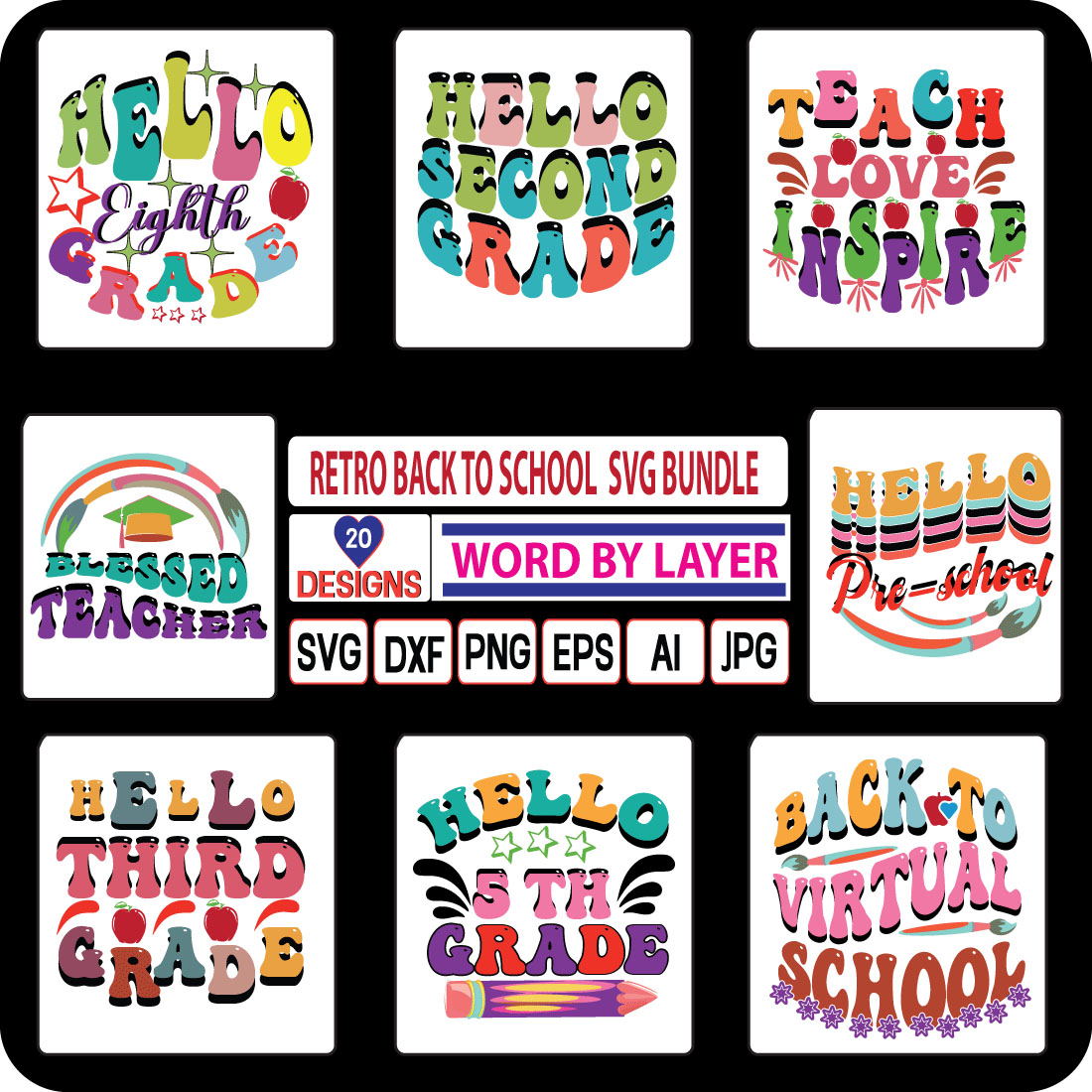 Collection of colorful images for prints on the theme back to school/