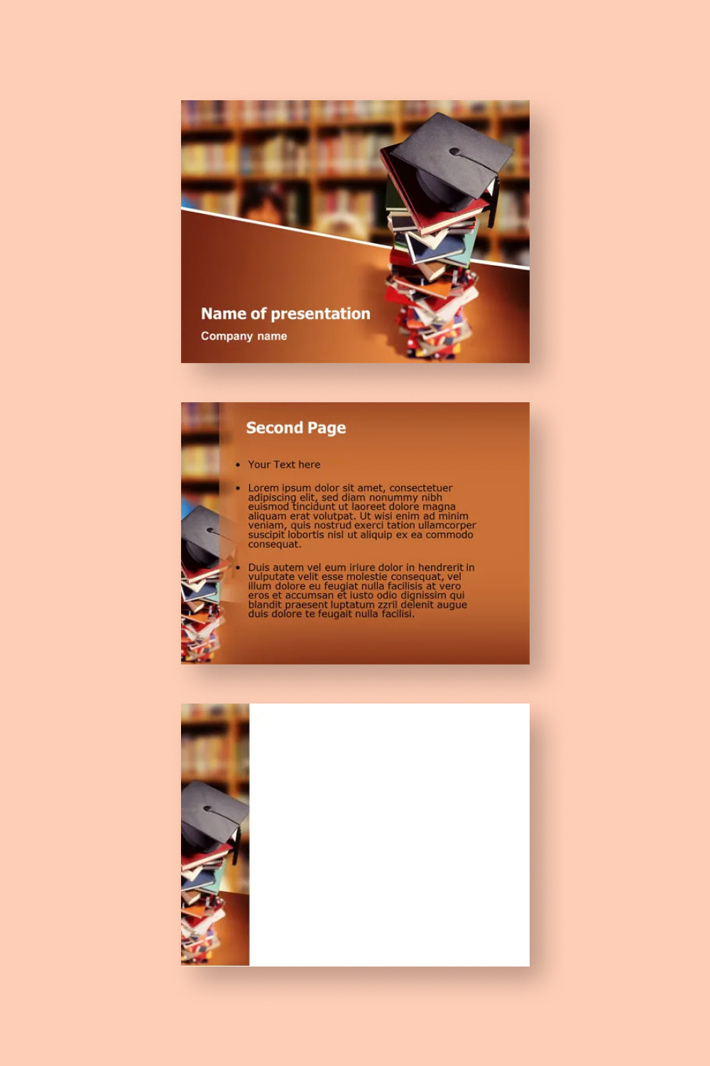 Three pages of presentation with photo of books and brown background.
