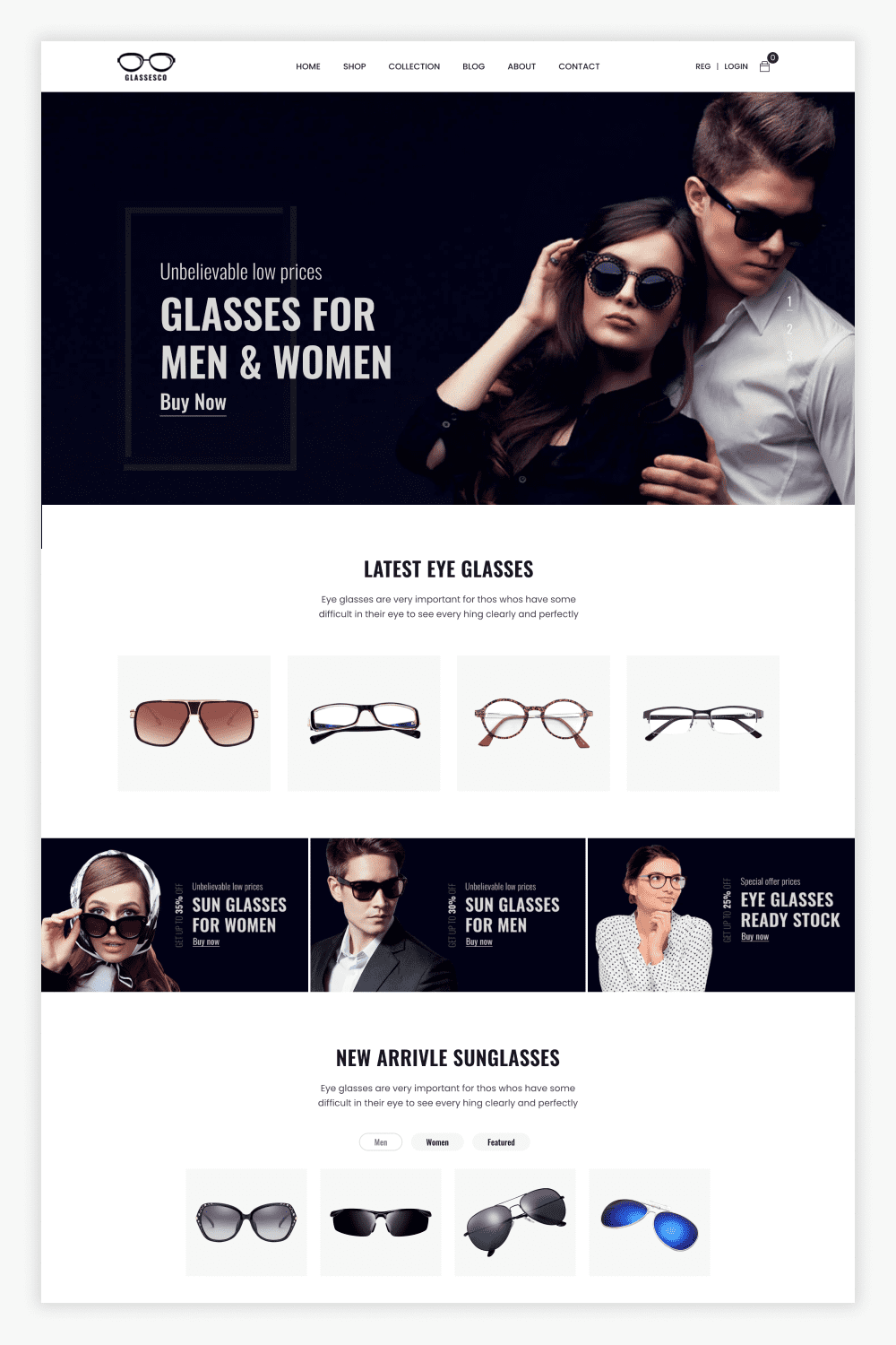 Home page of an online store of bright sunglasses with photos of men and women.