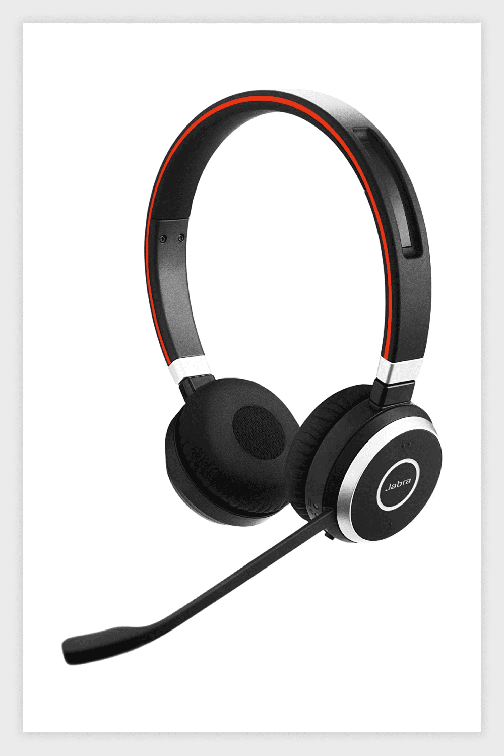 Photo of the Jabra Evolve 65 UC Wireless Headset ib black and red color.