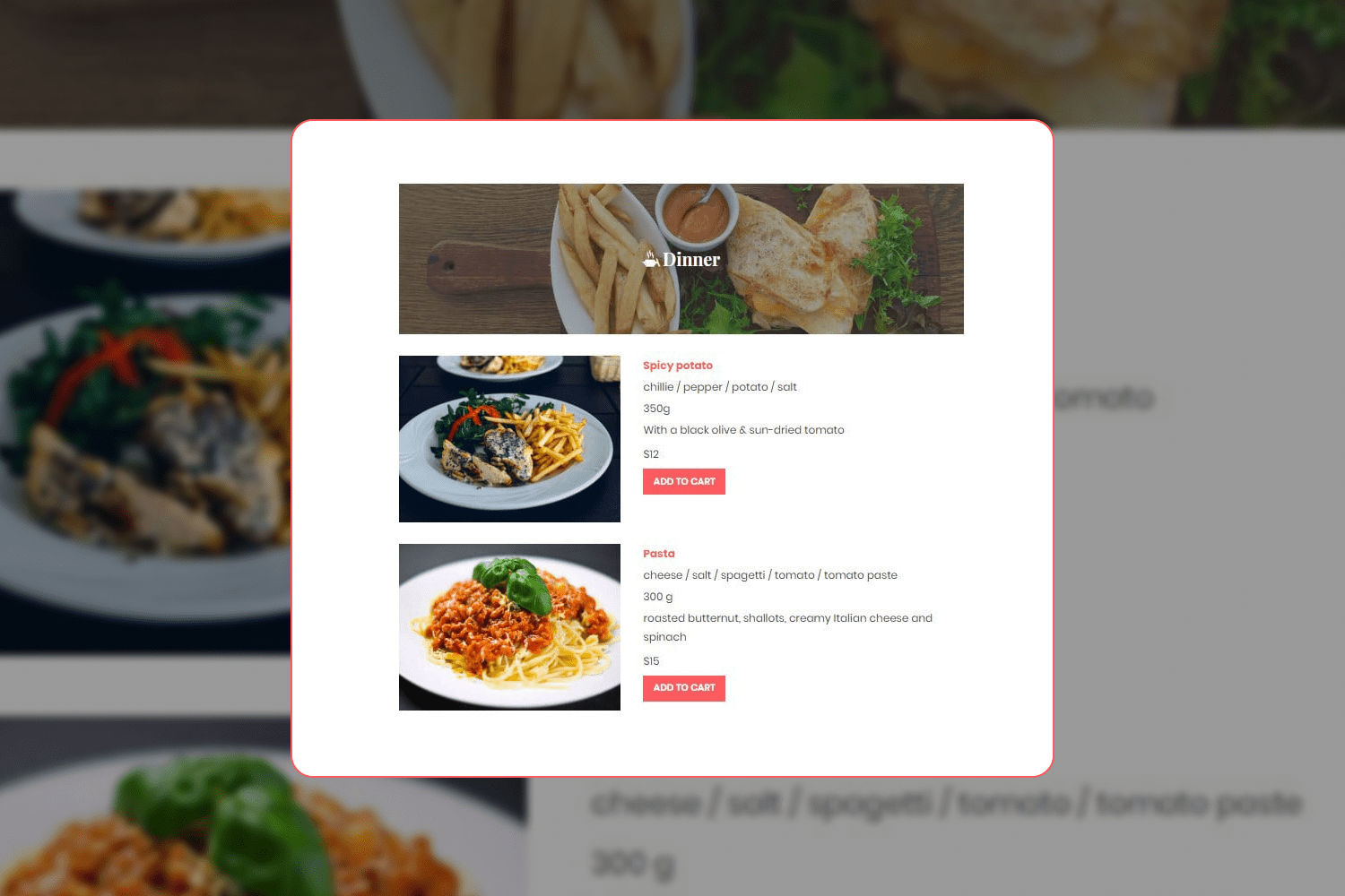 Screenshot of the page with photos of the menu with dishes.