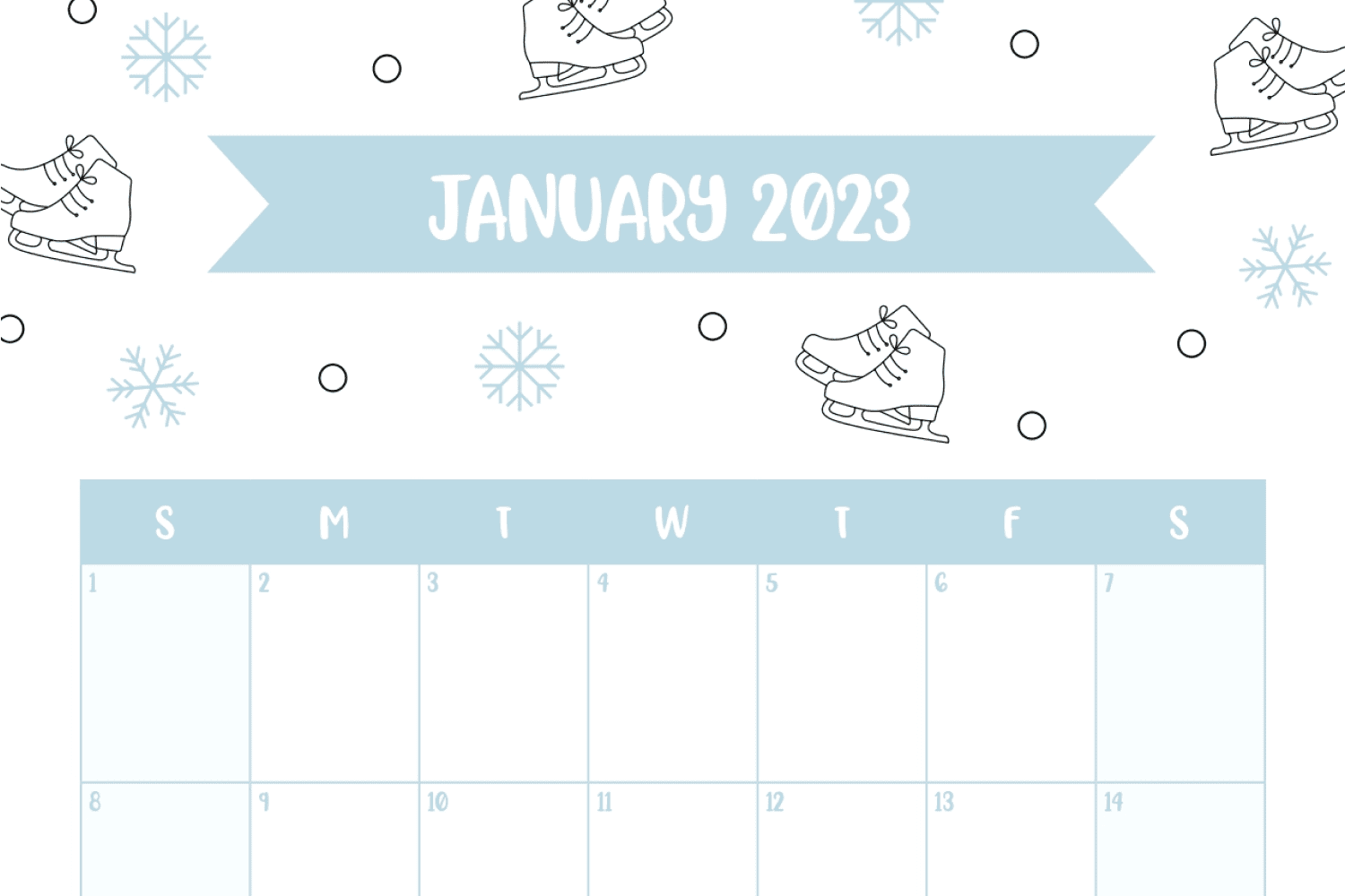 January calendar in a minimalist style with the image of skates and snowflakes.