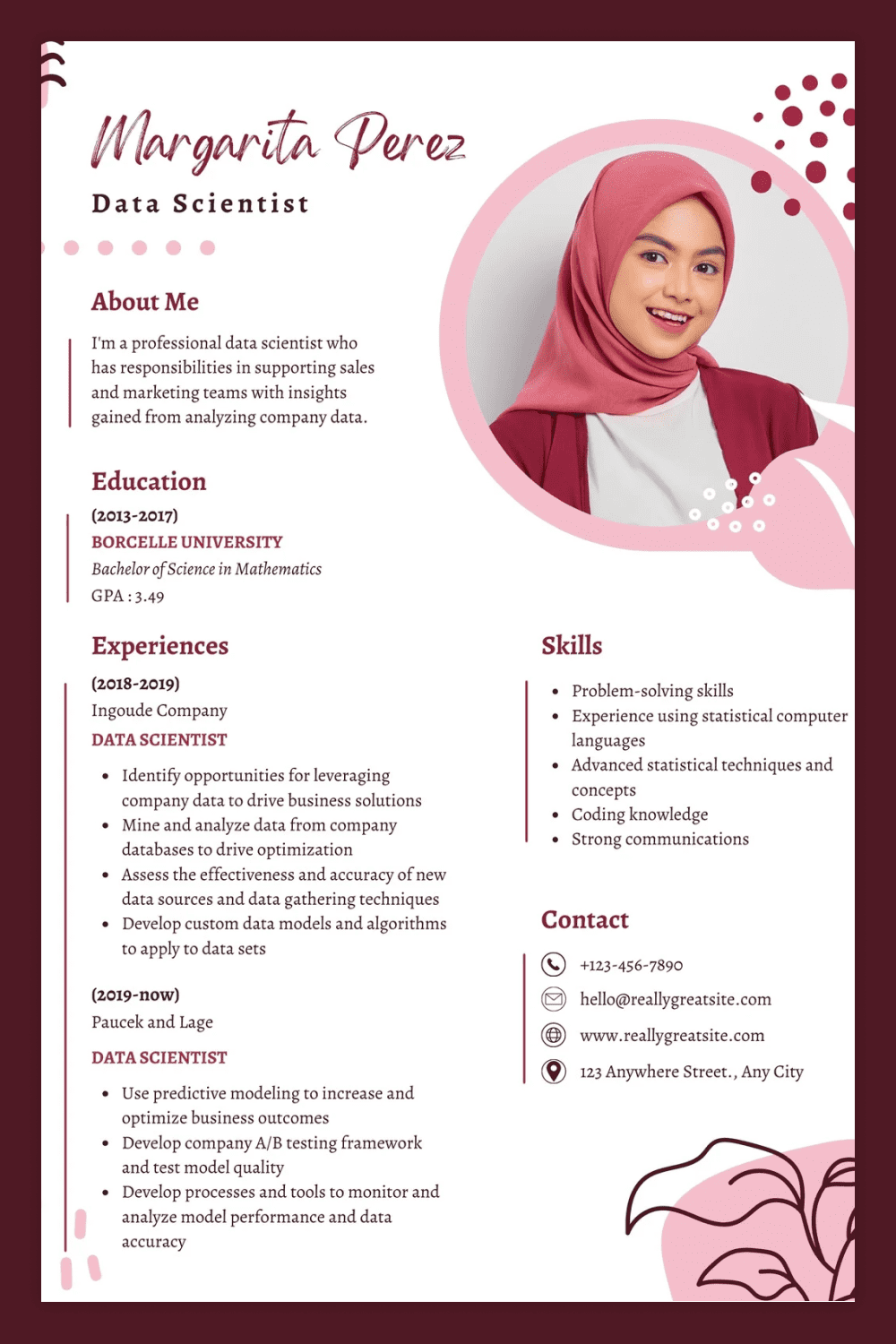 Resume page with a round photo on the right, in two columns in pink.