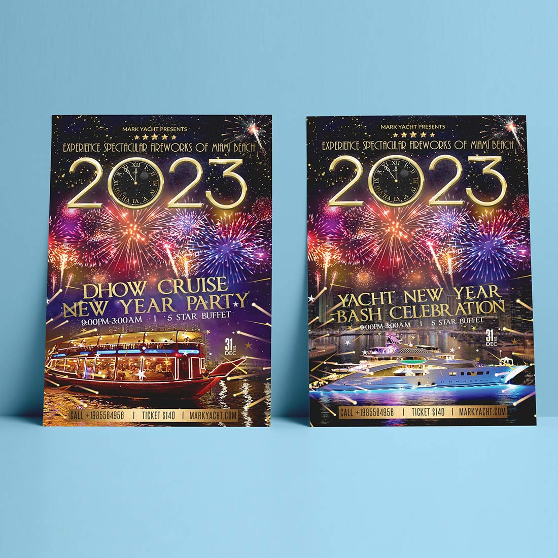 Yacht Dhow Cruise Happy New Year Flyer Design Template cover image.