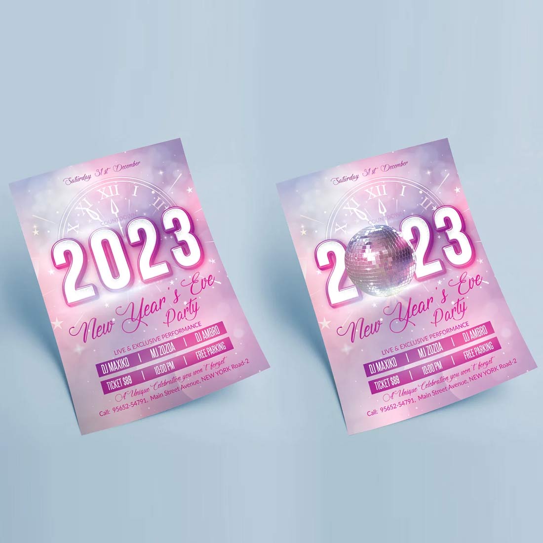 Two pink new year's flyers with a disco ball.