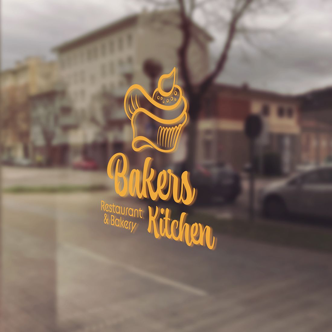 Glass mockup preview with Bakers Kitchen Logo.
