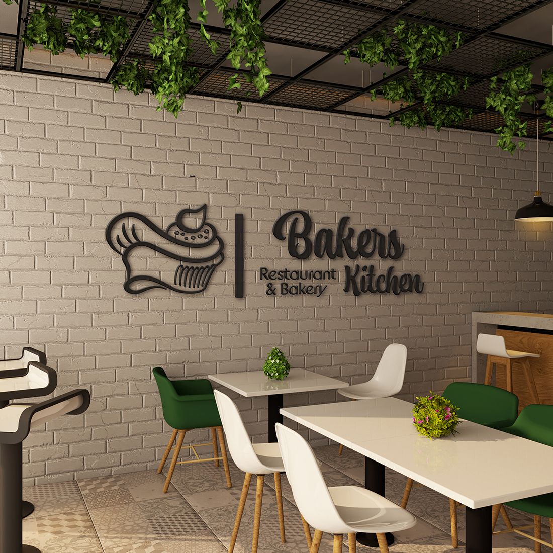 Cafe mockup with Bakers Kitchen Logo.