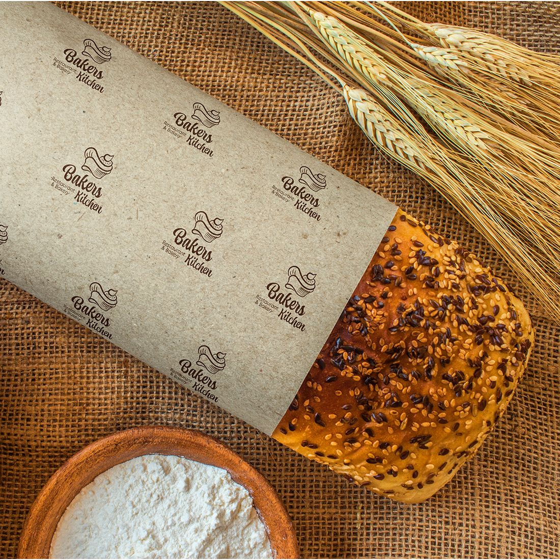 Bread paper bag mockup with Bakers Kitchen Logo.