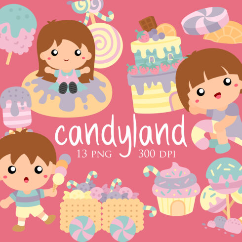 Kids Playing in CandyLand Vector Clipart Illustration main cover.