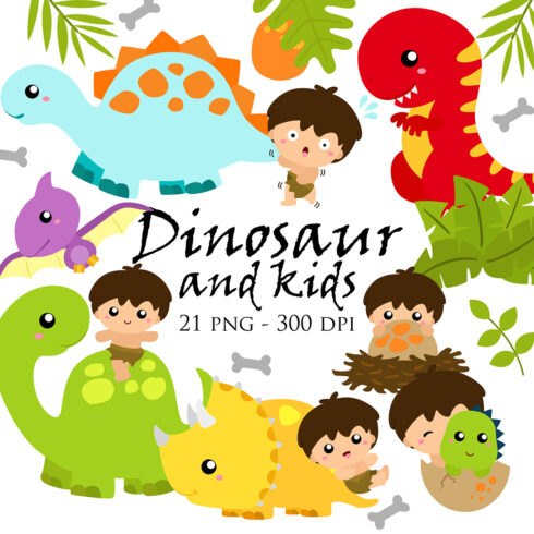 Kids and Dinosaurs Vector Clipart Illustrations main cover.