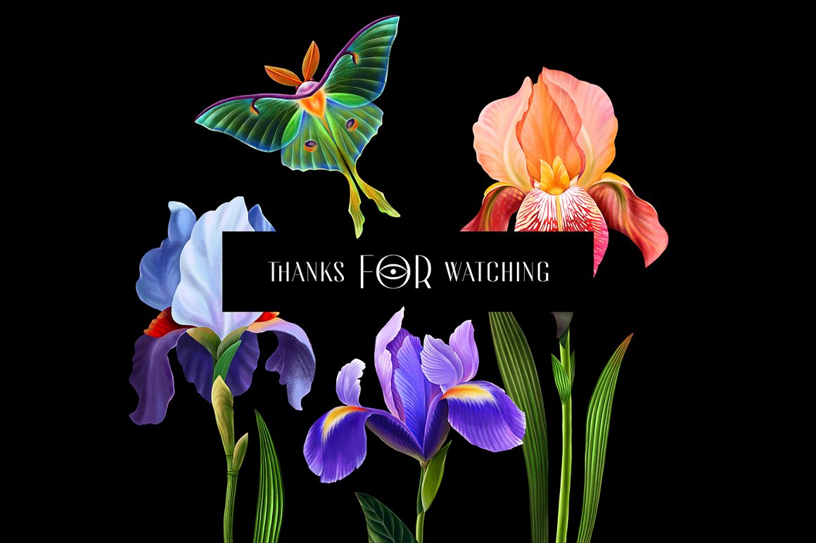 White lettering "Thank for watching" and illustration of flowers on a black background.
