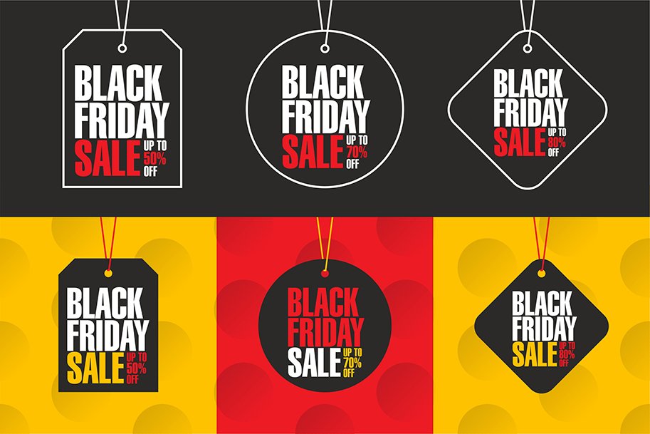 6 different black f riday banners in white, black, red and yellow.