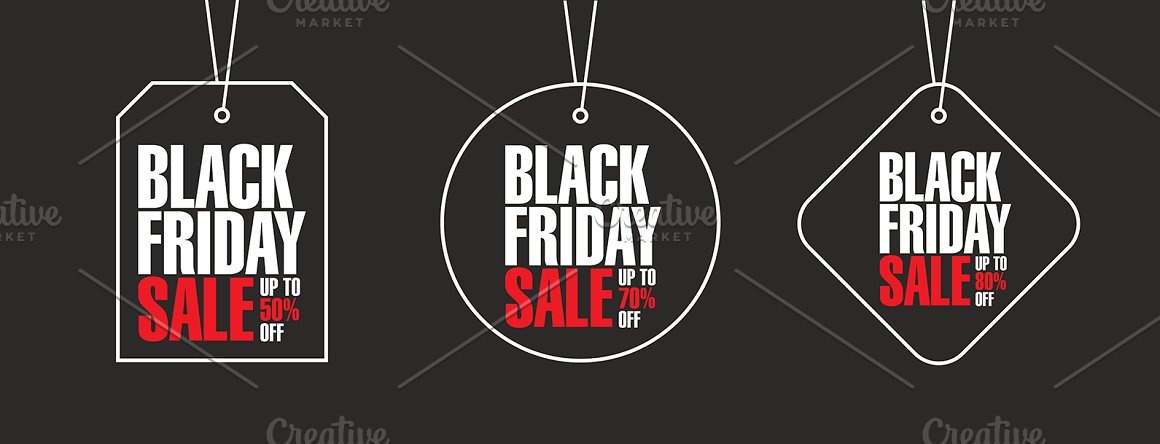 A set of 3 different white and red black friday banners on a black background.
