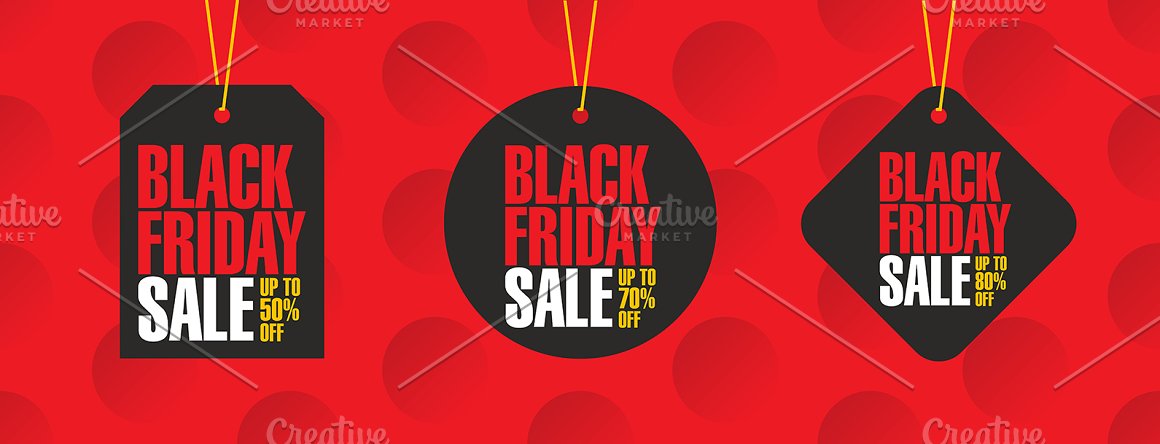 3 different white, black and red black friday banners on a red background.