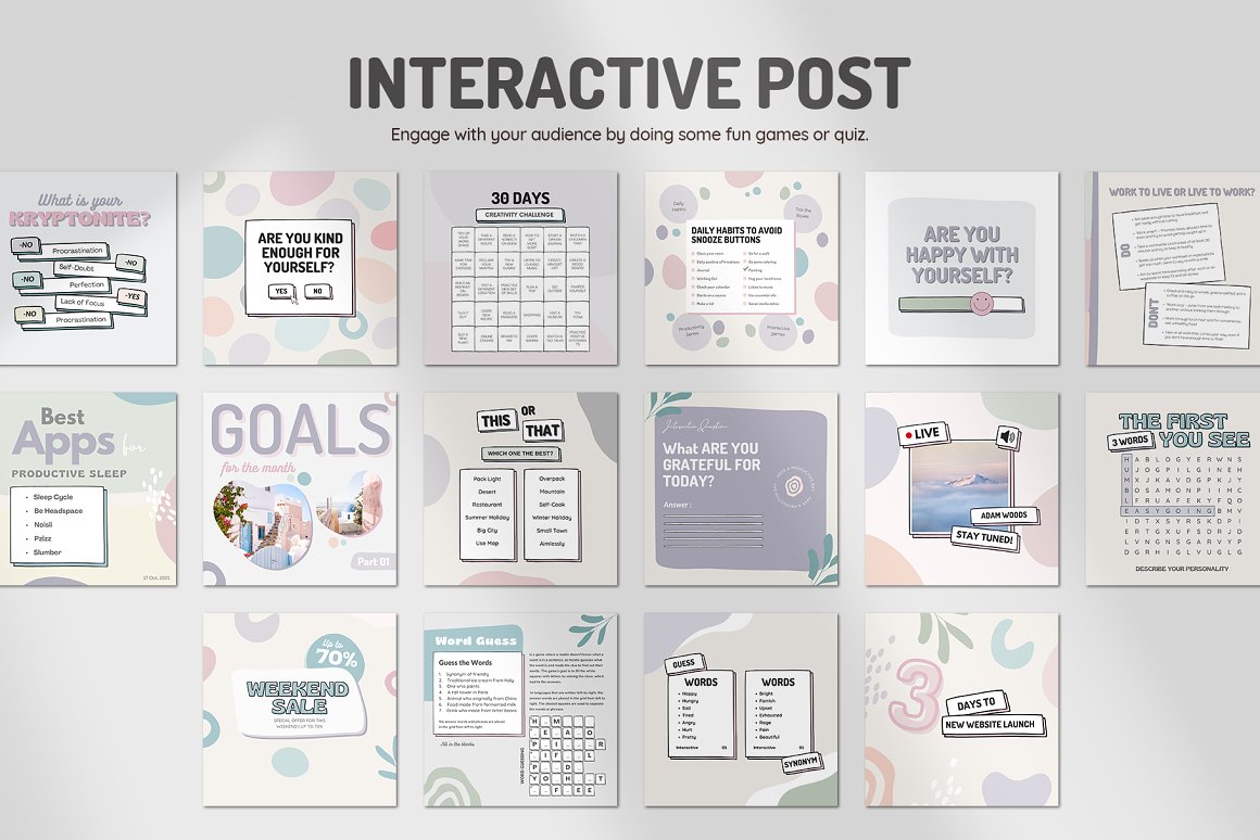 Interactive post Instagram square templates set on a gray background.