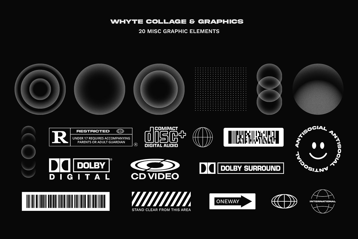 20 different white misc graphic elements on a black background.