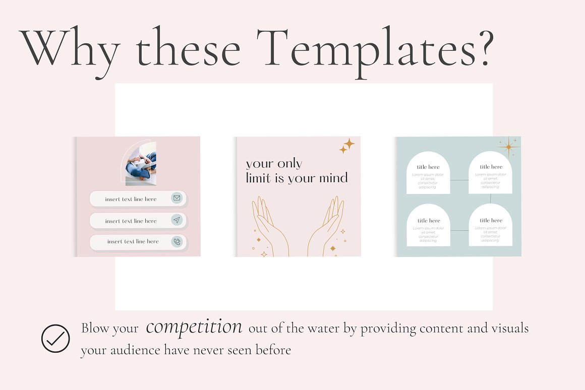 3 Instagram infographics and lettering "Why these Templates?" on a pink background.
