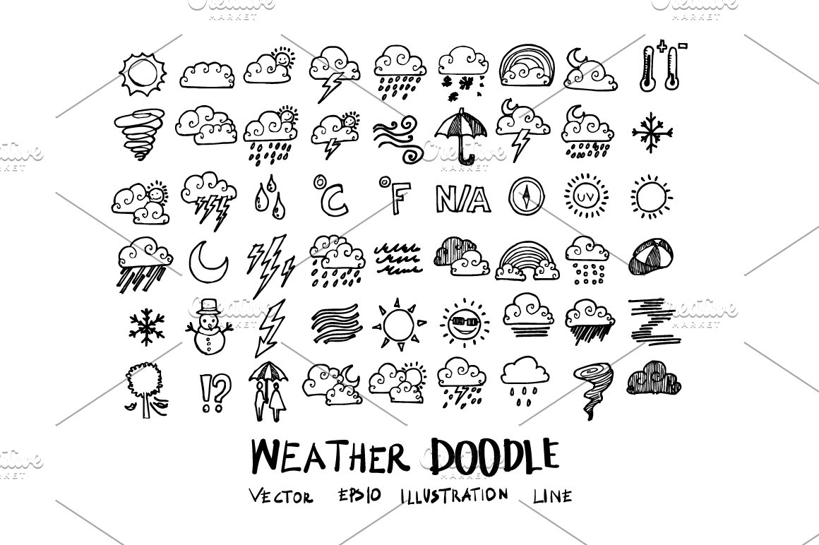 Weather black doodle icons pack on a white background.