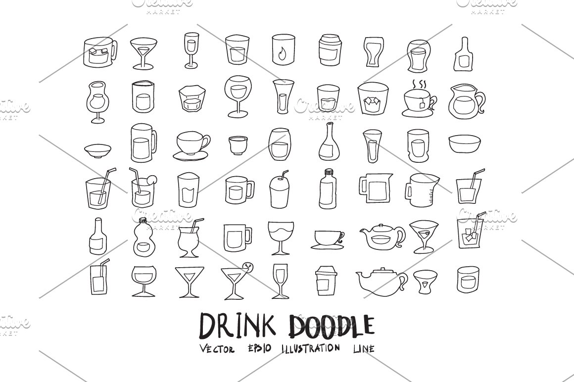 Drink black doodle icons bundle on a white background.