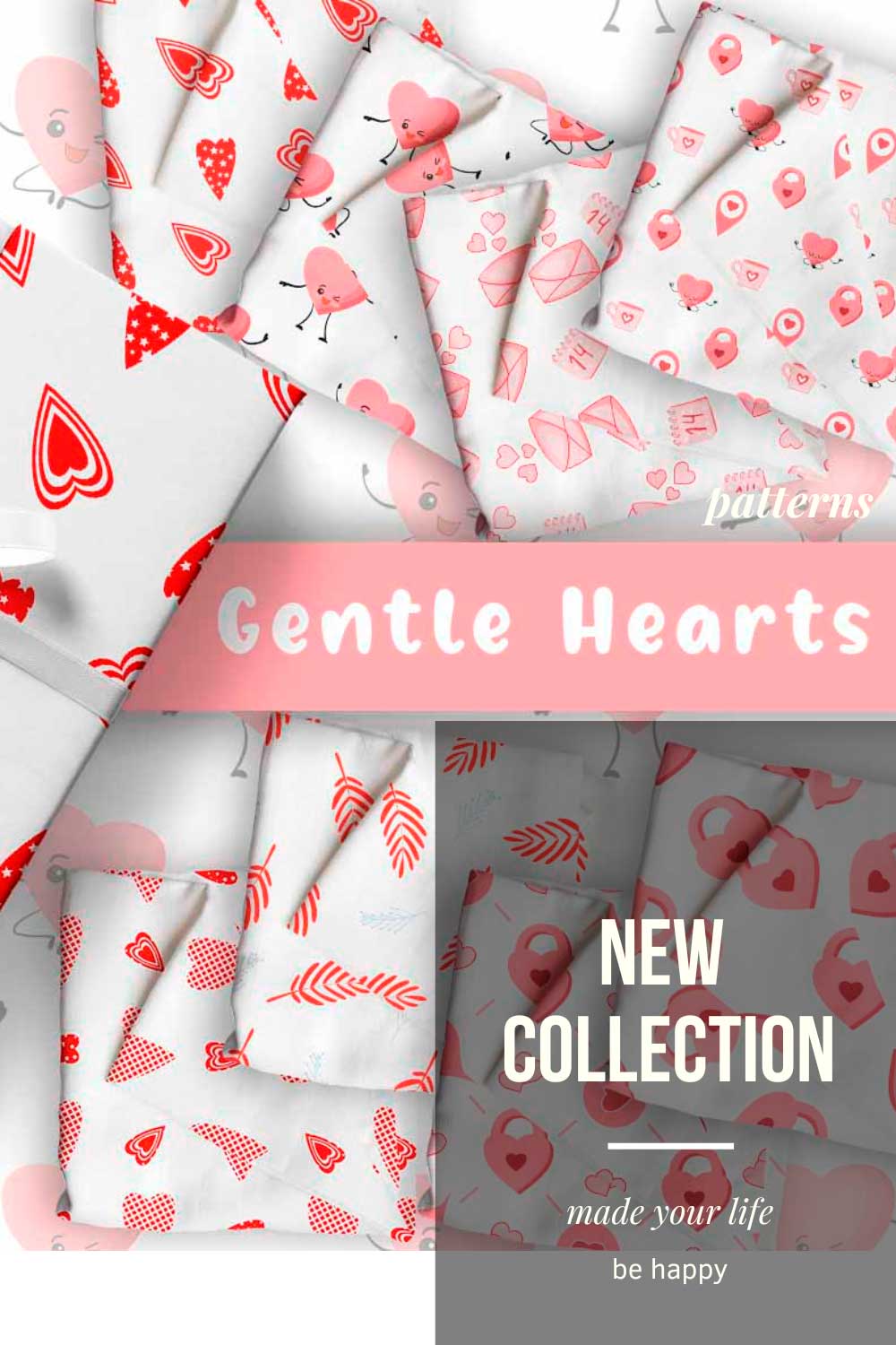 Pack of images of enchanting patterns with hearts.