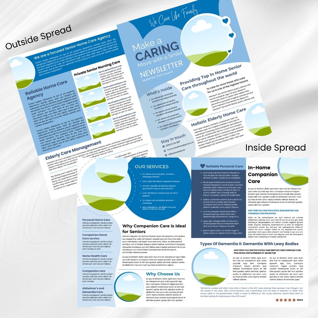 Caregiver Business Newsletter Canva Template preview image.