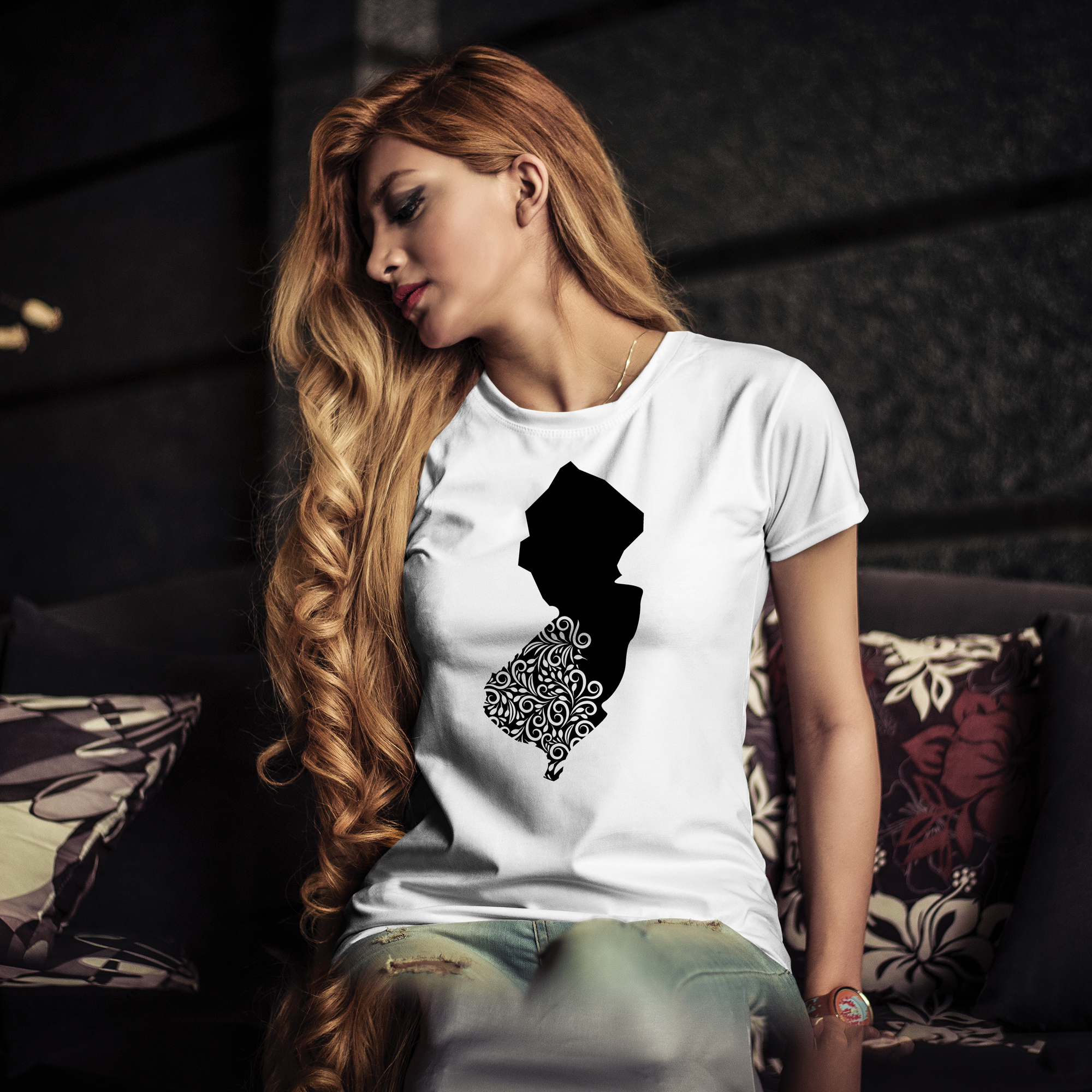 White t-shirt with black illustration of New Jersey state.