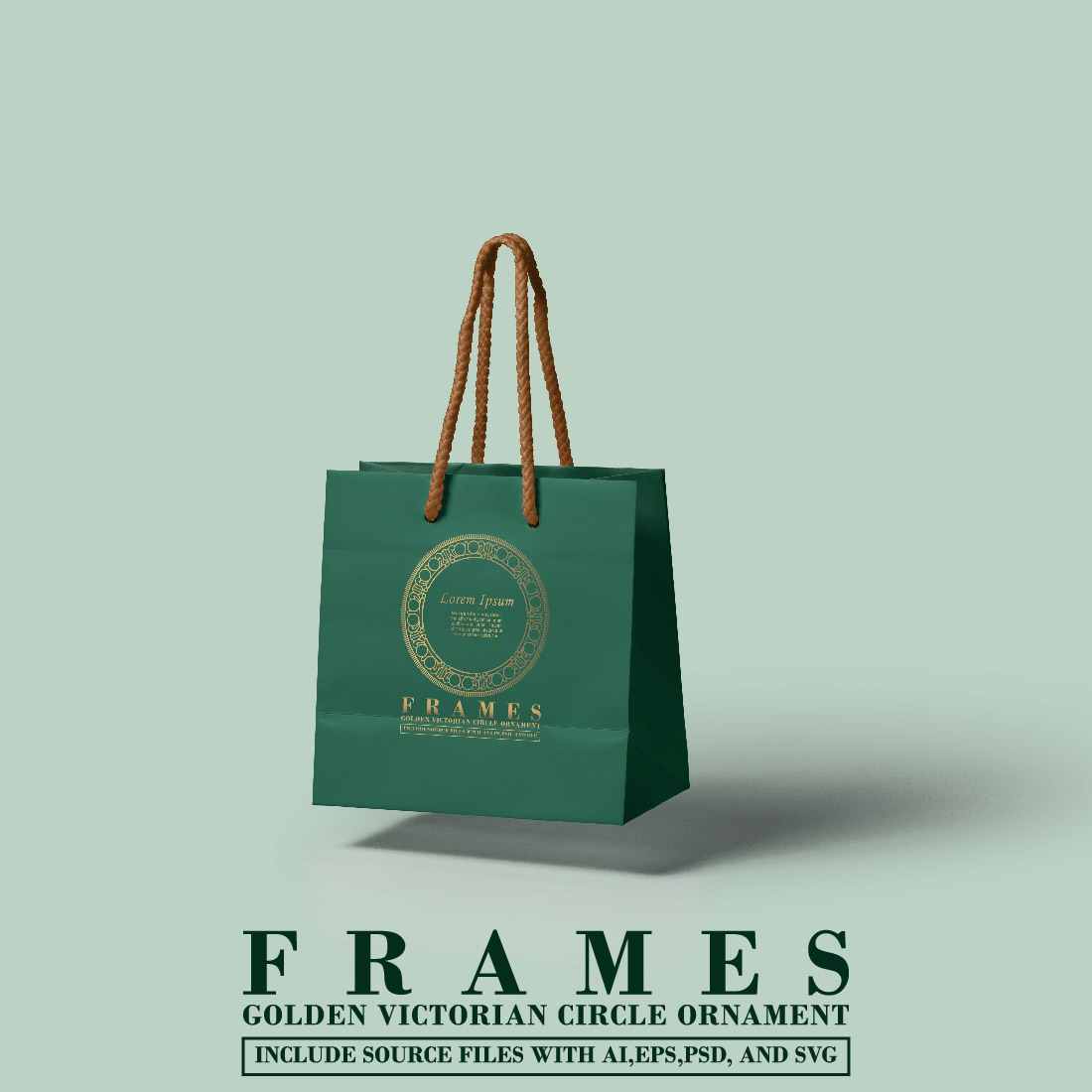 Images of a paper bag with a unique gold frame
