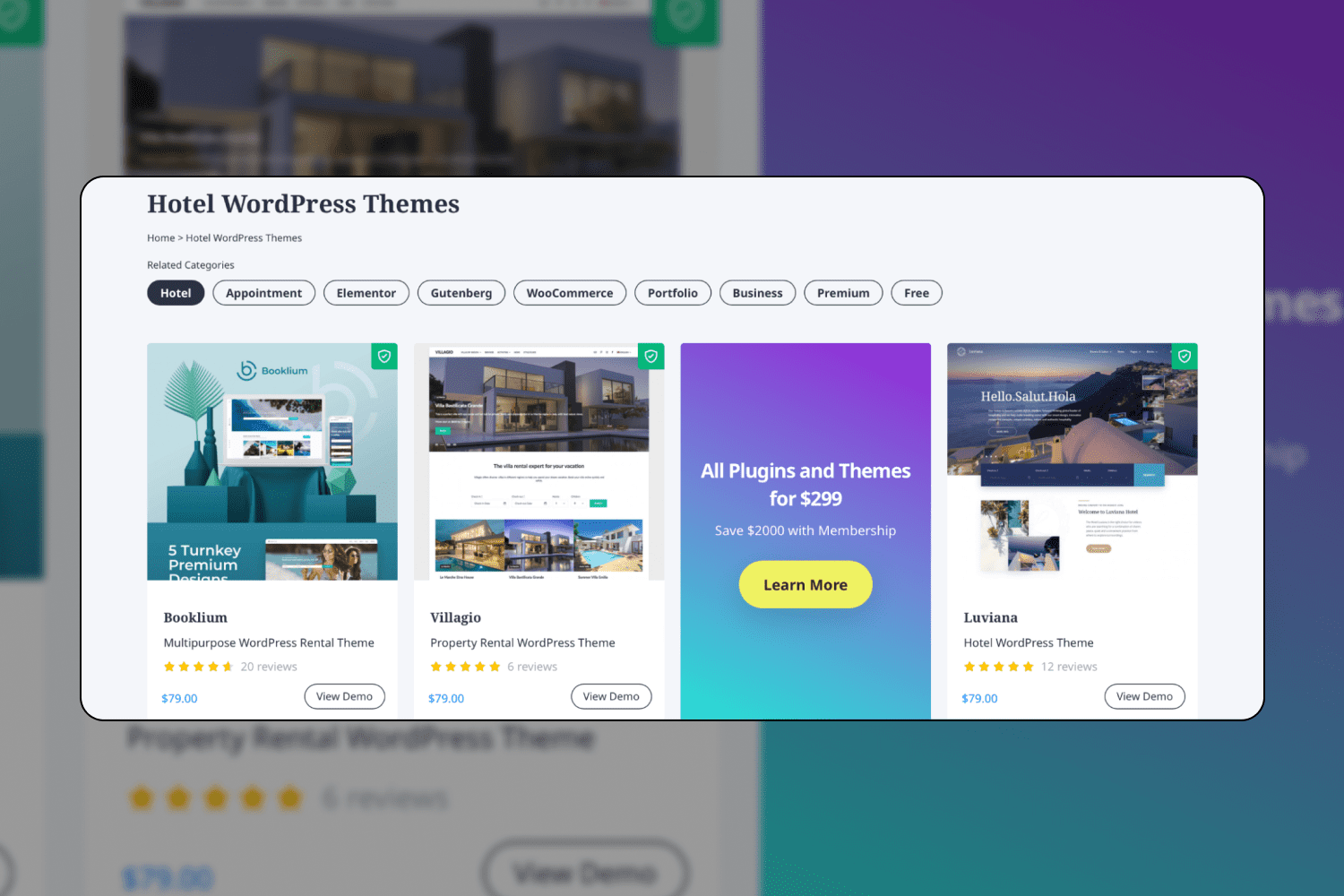Screenshot of the page with examples of themes for hotels.