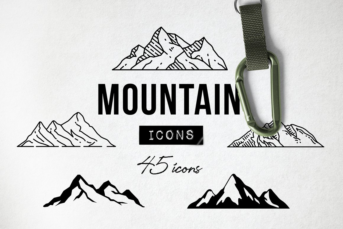 Black lettering "Mountain 45 Icons" and 5 different icons on a gray background.