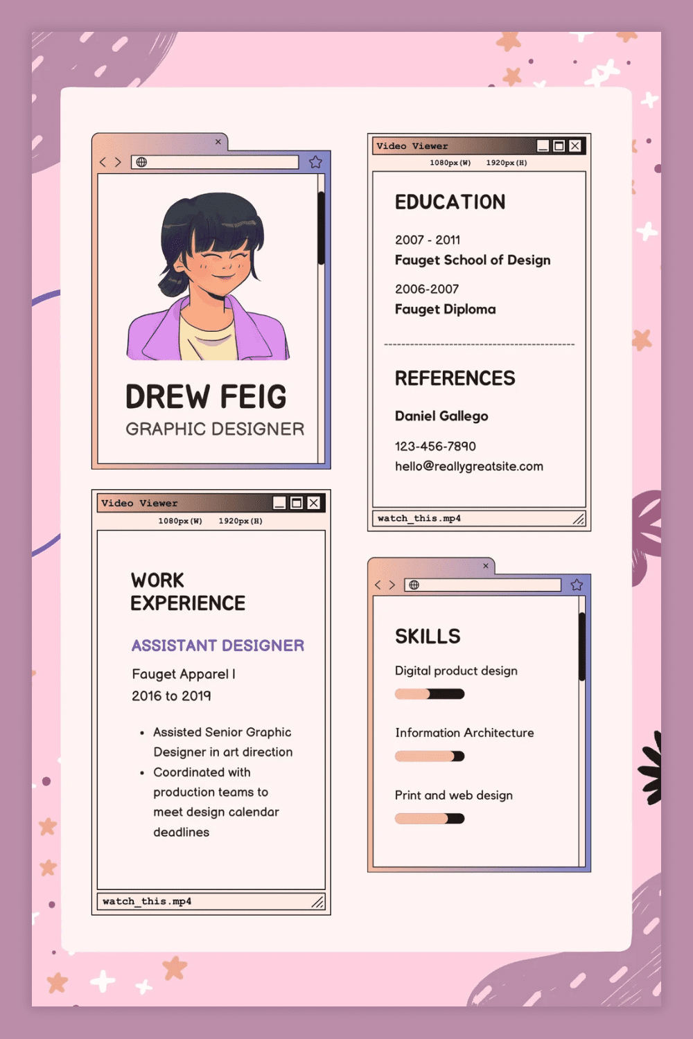 Cartoon style resume page with four sections and pink background.