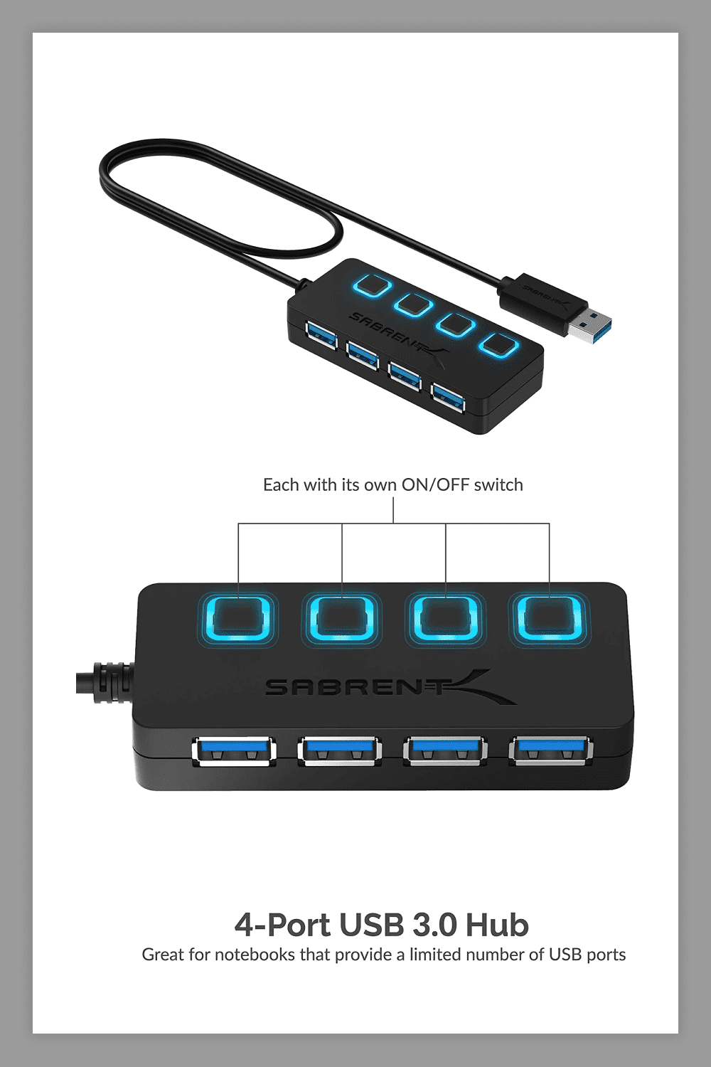 Photo of the Sabrent 4-Port USB Hub with blue leds.