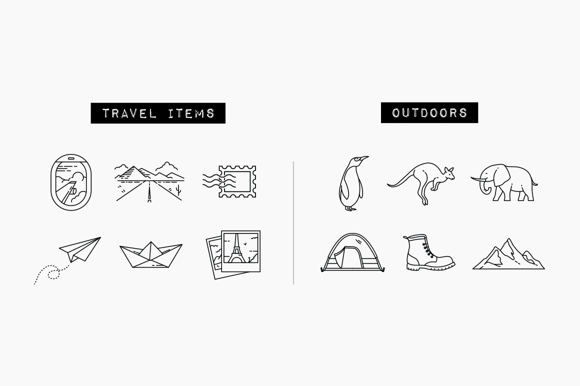 6 black travel items icons and 6 black outdoors icons on a gray background.