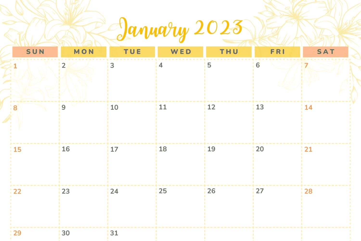 Calendar for January with yellow flowers and in yellow.