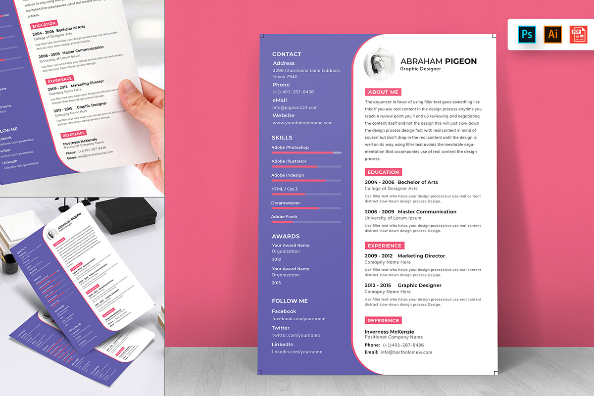Person holding a purple and white resume.