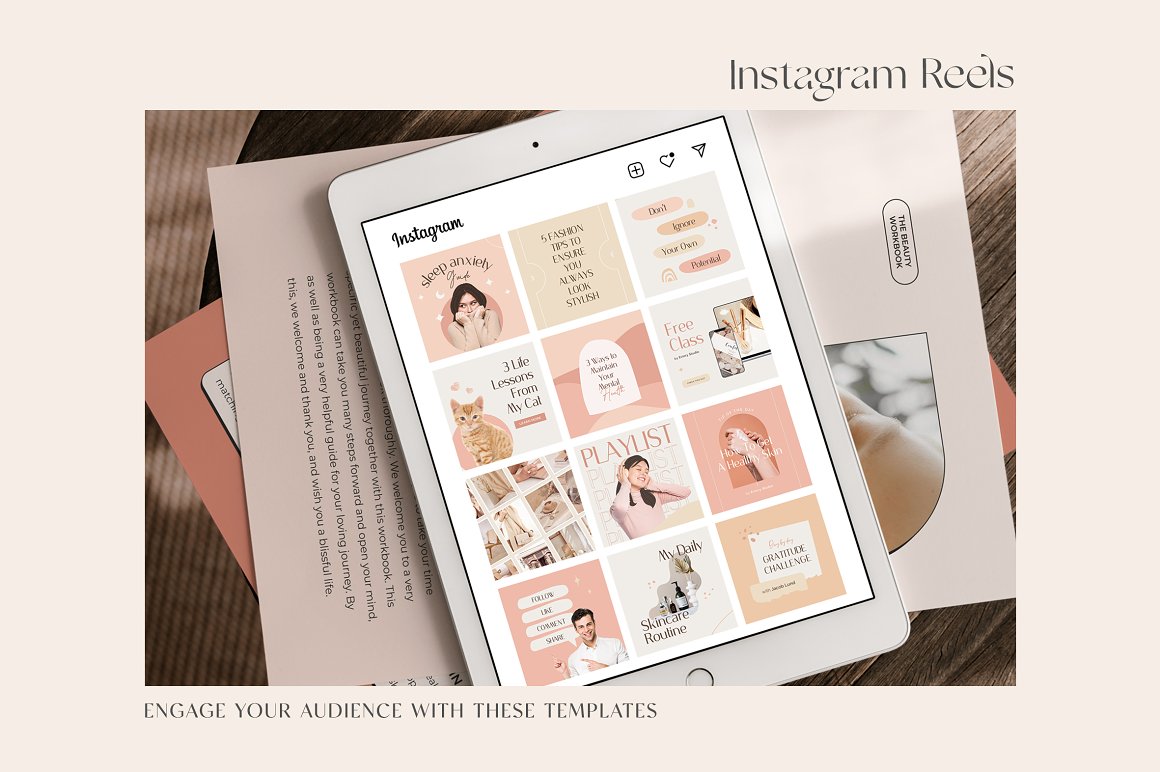 Ipad mockup with Instagram reels on a gray background.