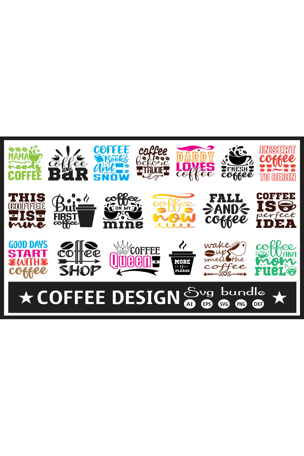 Coffee Typography SVG Design Bundle pinterest image.