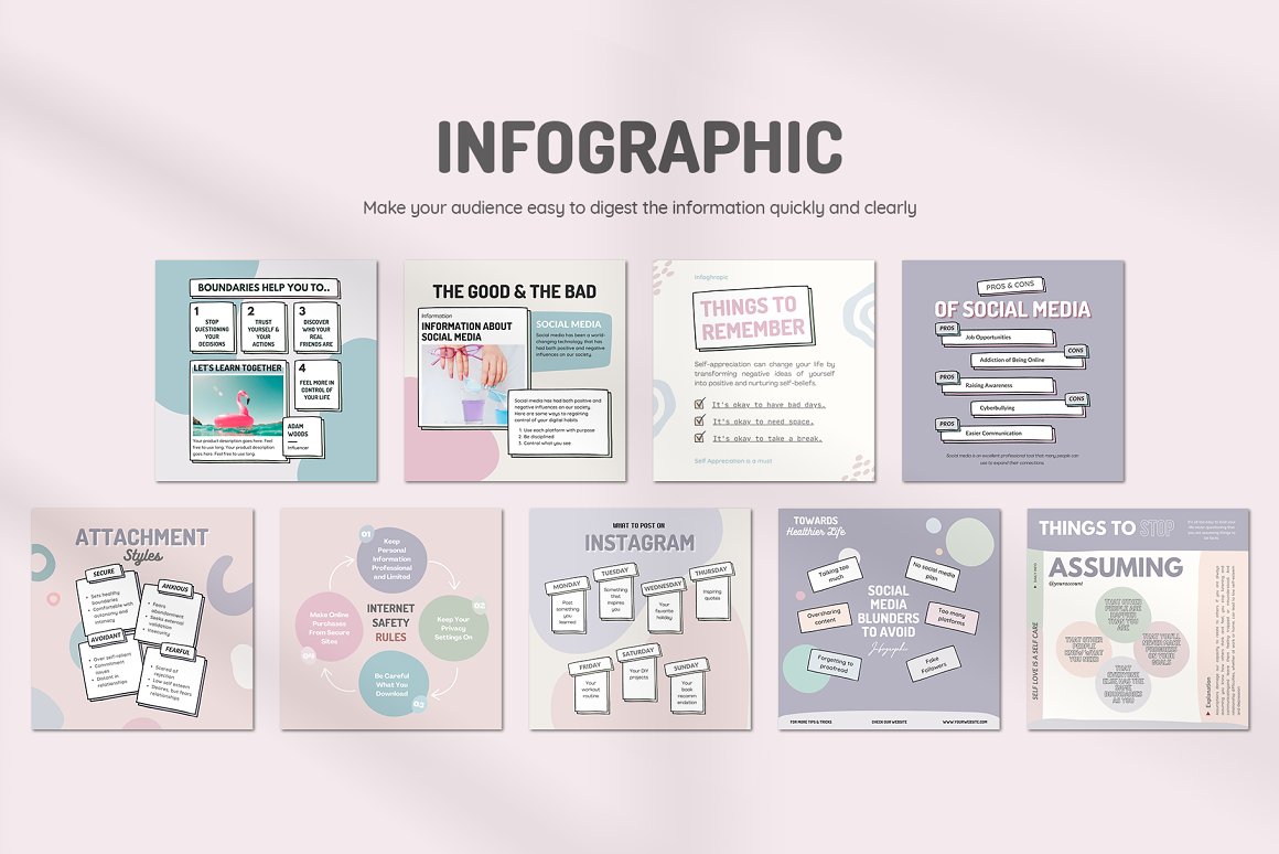 Infographic different square templates set on a light purple background.