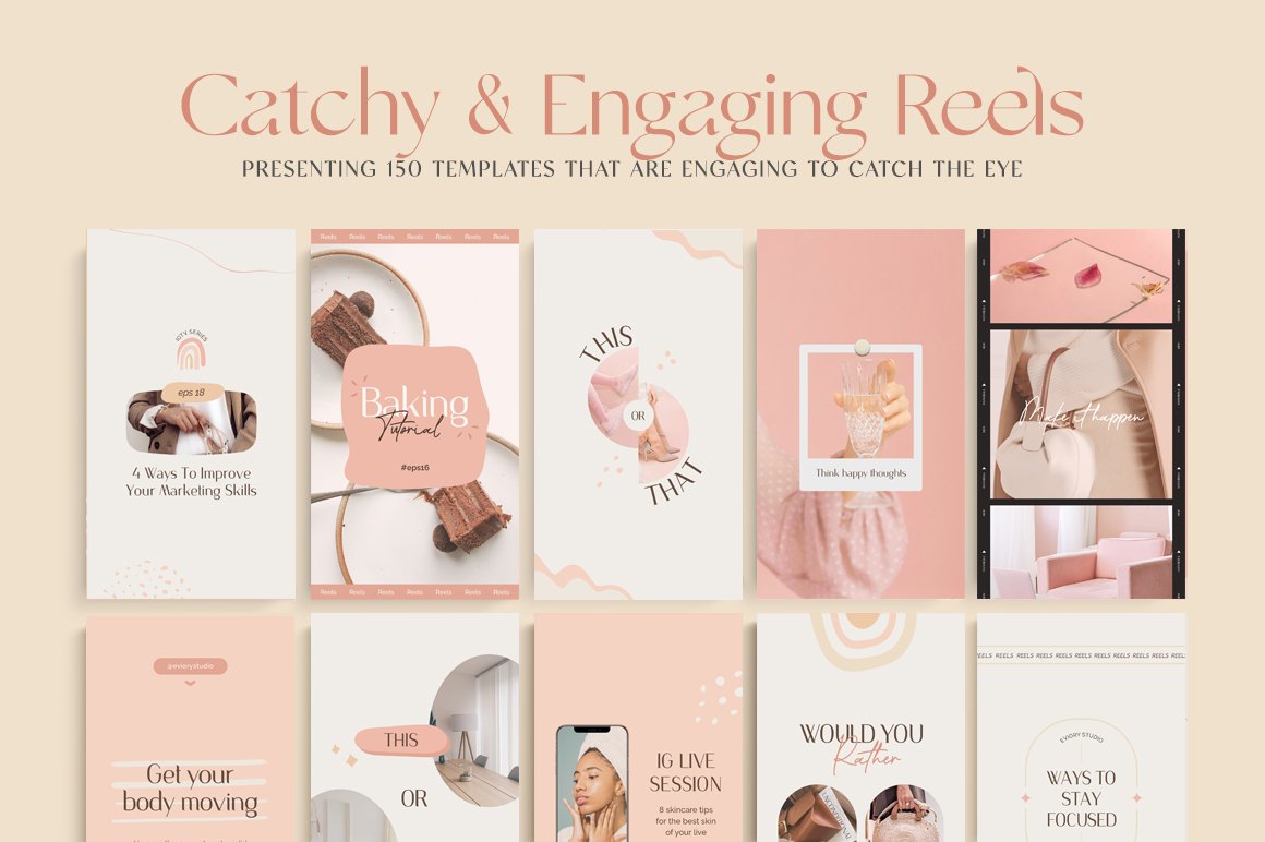 Catchy and engaging reels templates on a pink background.
