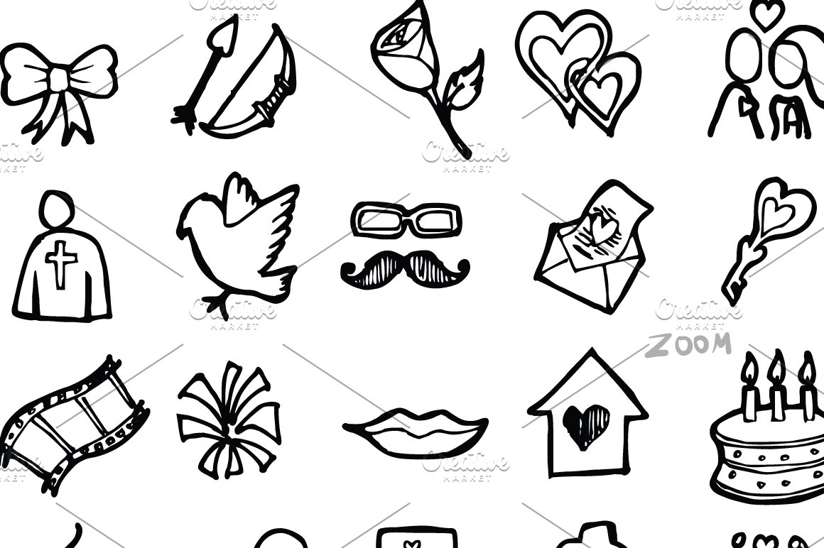 A set of different black doodle icons on a white background.