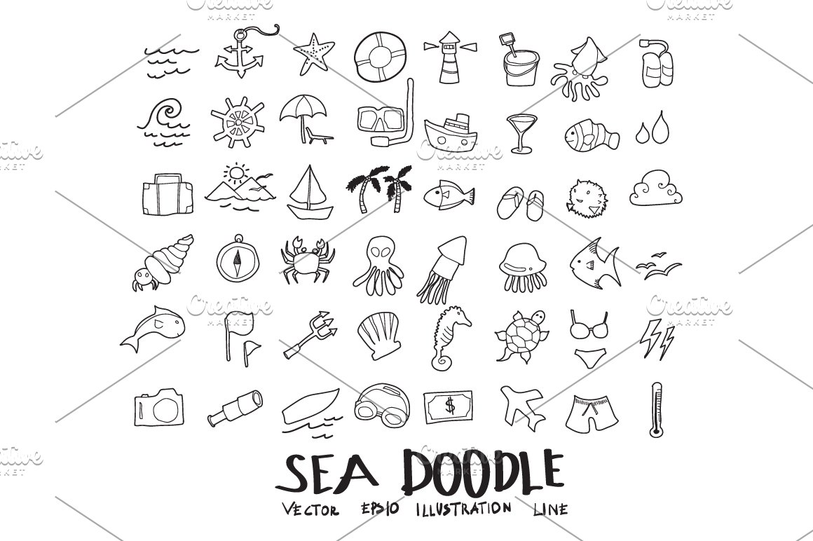 Sea black doodle icons kit on a white background.