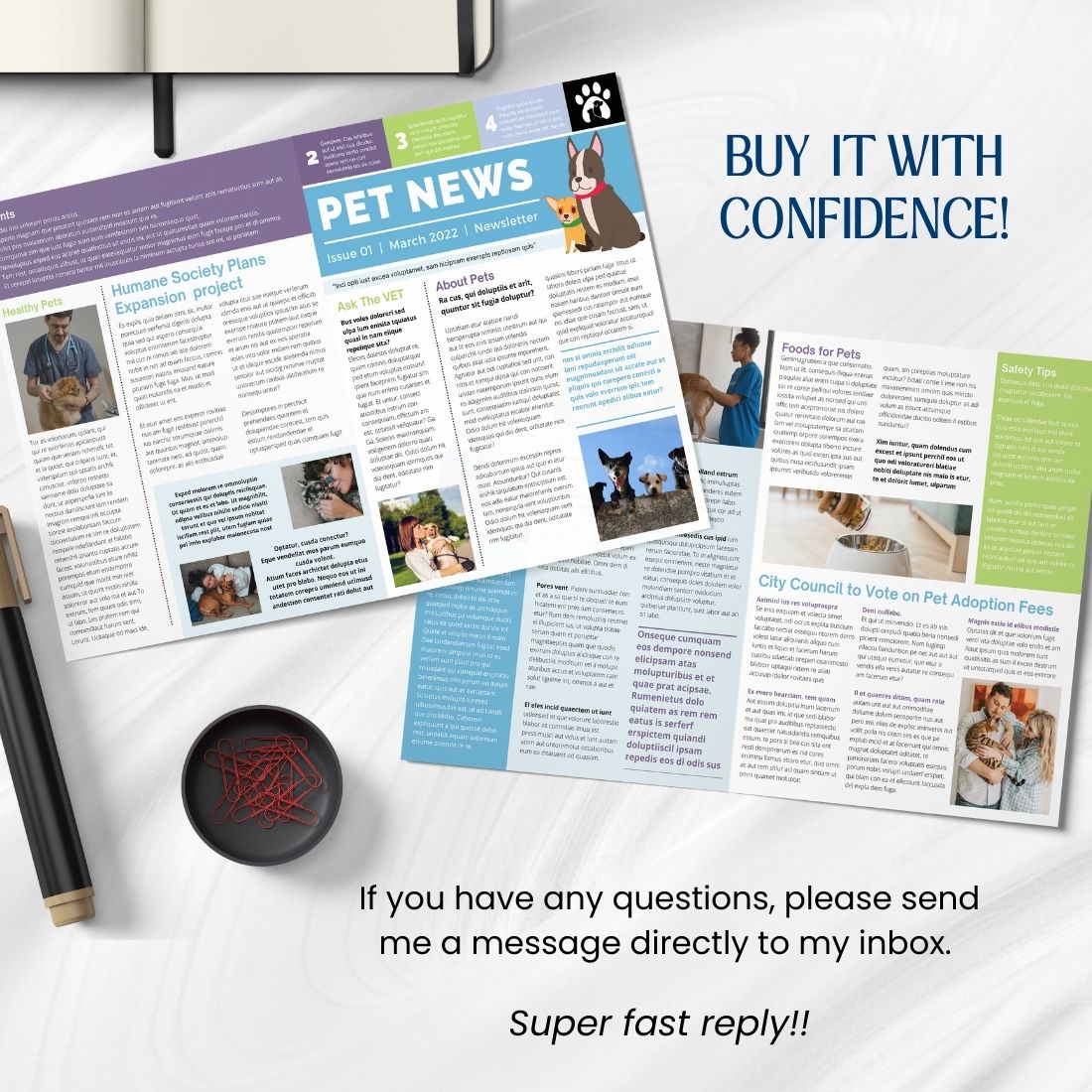 Stylish Dog Pet Care Newsletter Canva Template preview image.