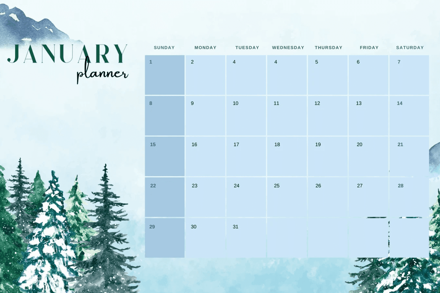 January calendar with painted snowy fir trees and mountains in the background.