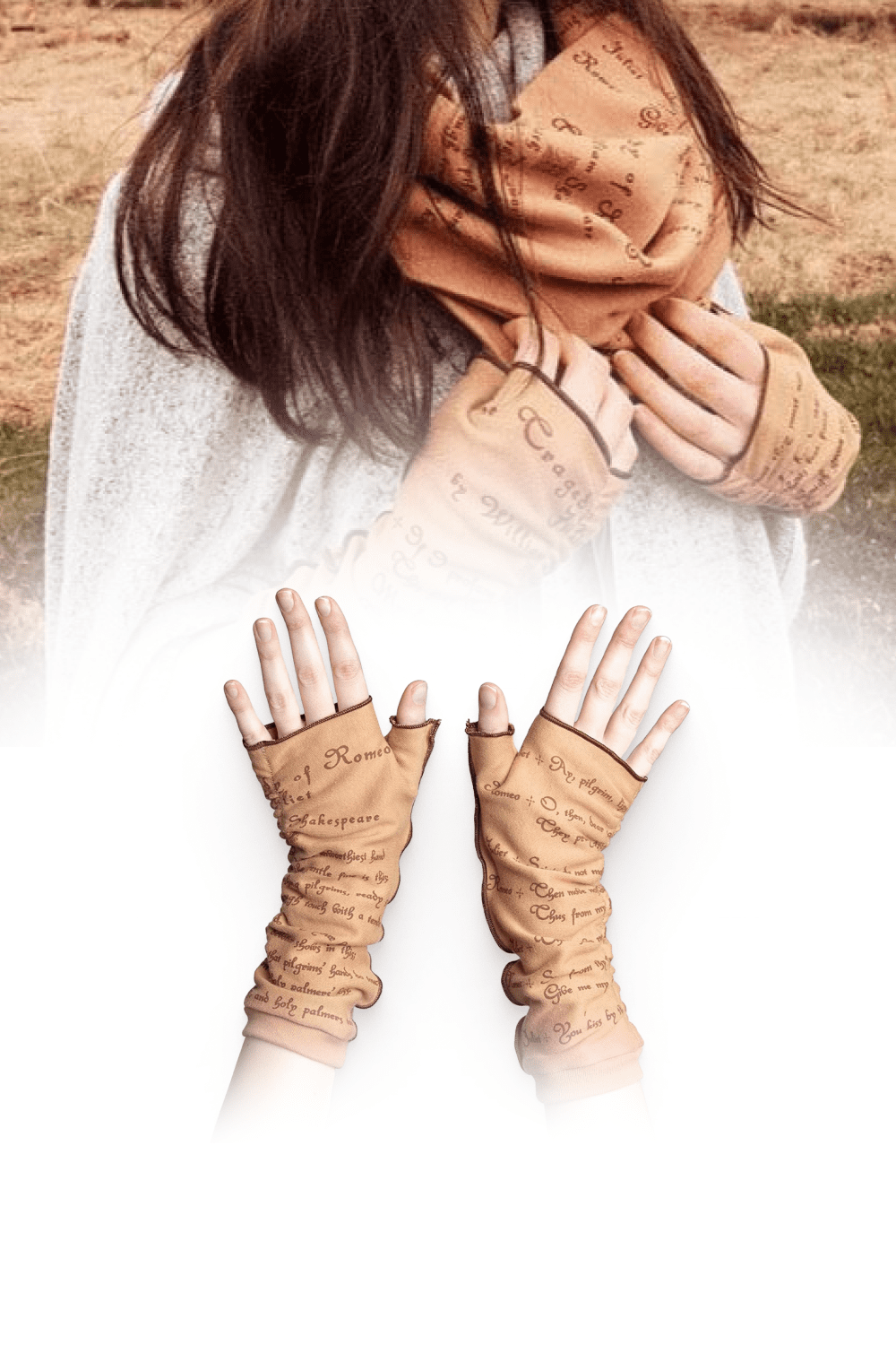 Gloves, with an excerpt from Shakespeare's play and an added heart embellishment.