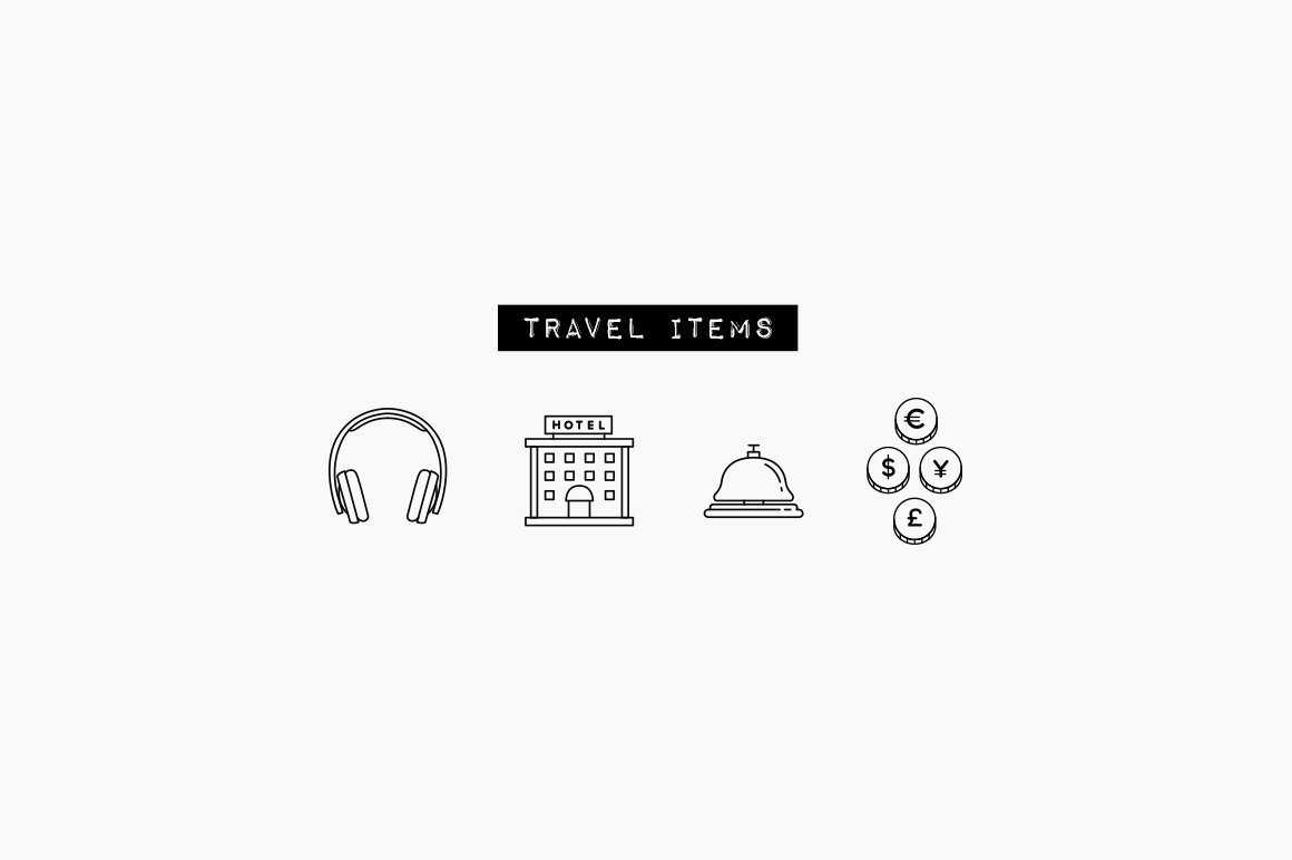 4 black different travel items icons on a gray background.