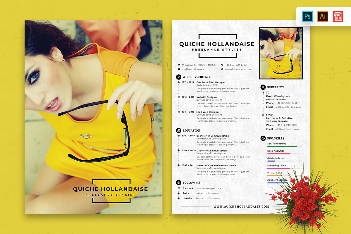 Brochure with a picture of a woman in a yellow shirt.